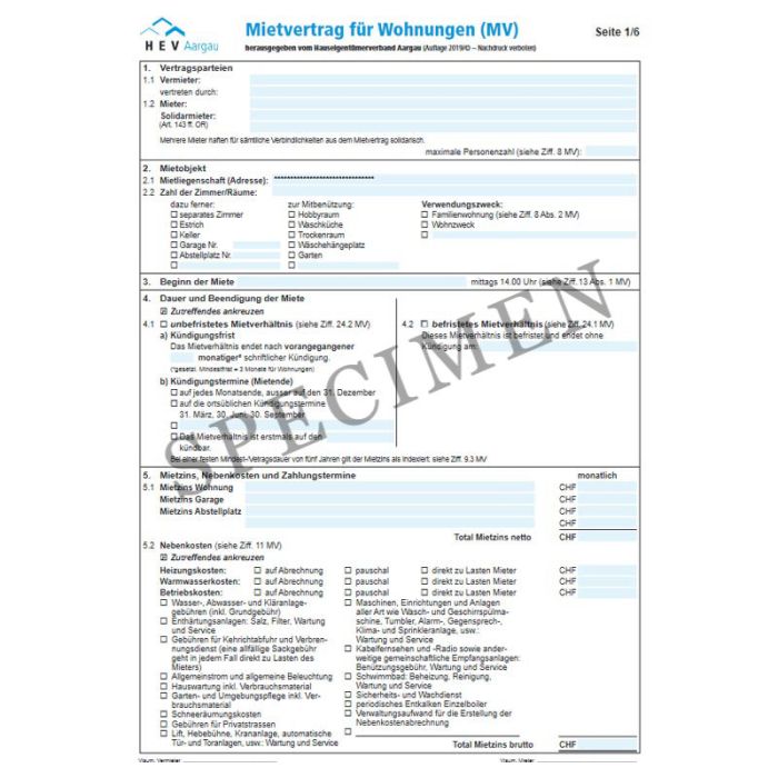 Mietvertrag für Wohnungen (Kanton Aargau) online
