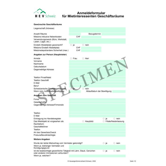 Anmeldeformular für Mietinteressenten von Geschäftsräumen