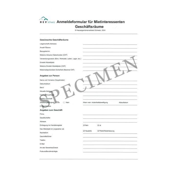 Anmeldeformular für Mietinteressenten von Geschäftsräumen