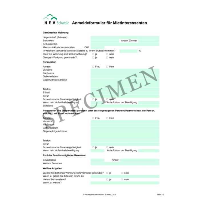 Anmeldeformular für Mietinteressenten 