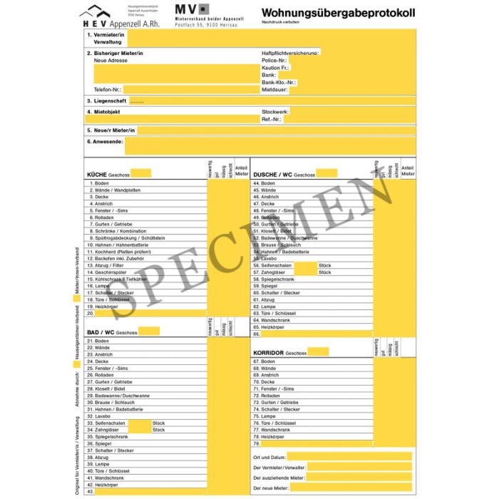 Wohnungsabnahmeprotokoll inkl. Merkblatt (Kanton Appenzell-Ausserrhoden) online