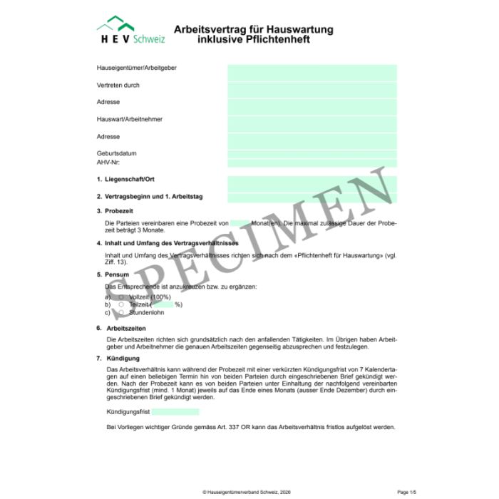 Arbeitsvertrag für Hauswartung inkl. Pflichtenheft