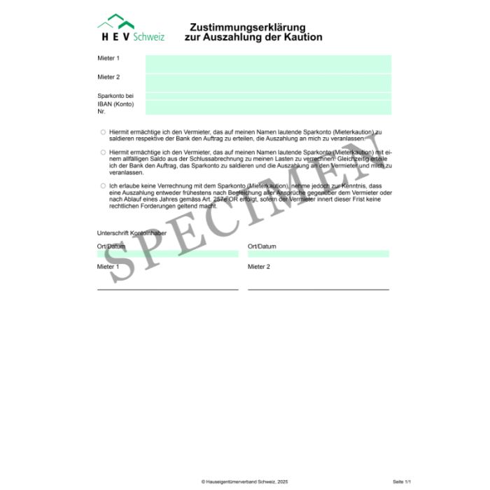 Zustimmungserklärung zur Auszahlung der Kaution
