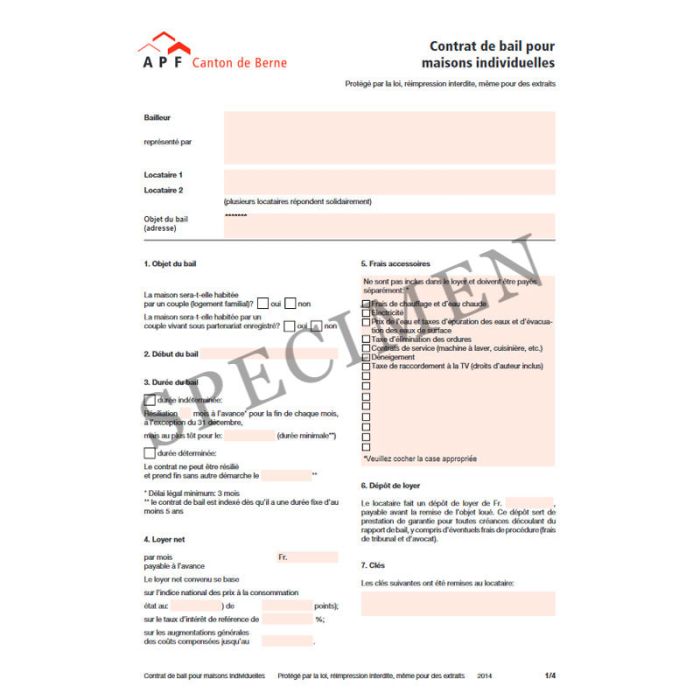 Contrat de bail pour maisons individuelles (Kanton Bern)  online