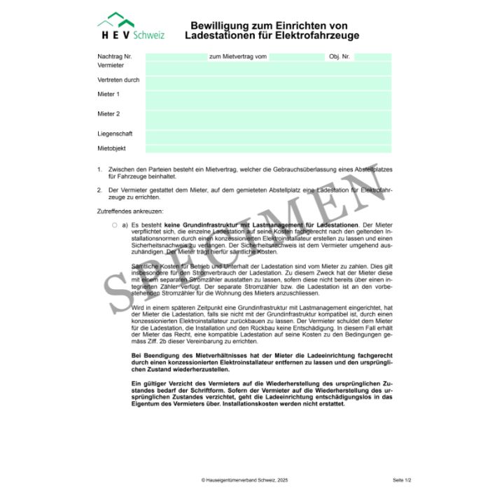 Bewilligung zum Einrichten von Ladestationen für Elektrofahrzeuge (Mieter)