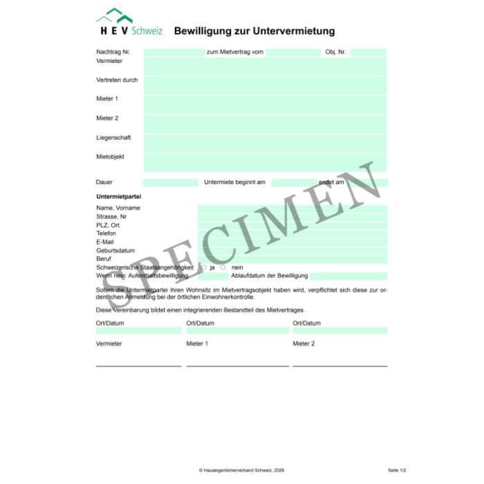 Bewilligung zur Untervermietung