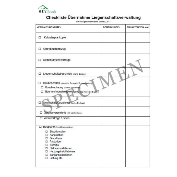 Checkliste für die Übernahme der Liegenschaftsverwaltung