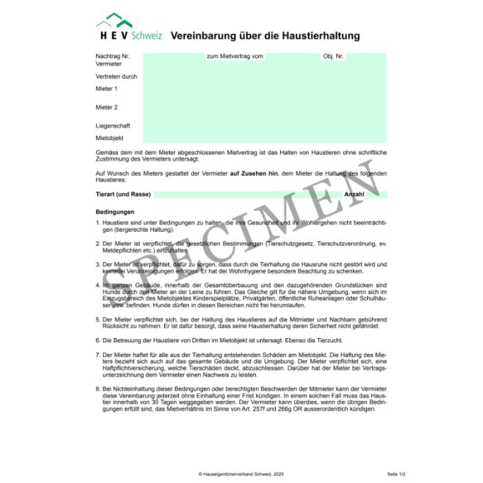 Vereinbarung über die Haustierhaltung