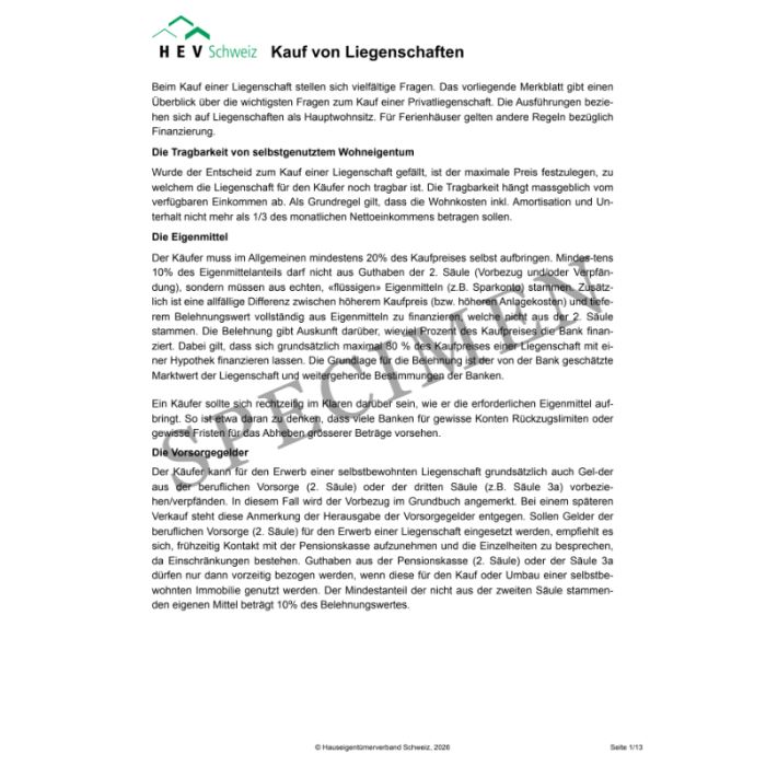 Merkblatt inkl. Checkliste «Kauf von Liegenschaften»
