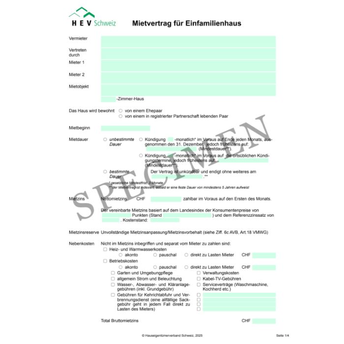 Mietvertrag für Einfamilienhäuser (Schweiz allgemein)