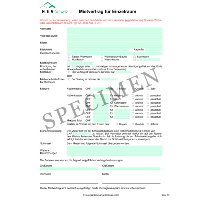 Mietvertrag für Einzelraum