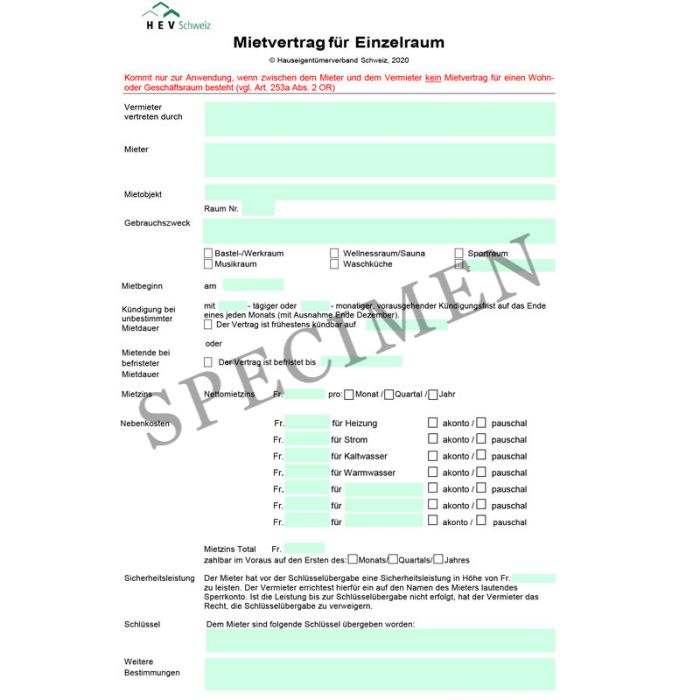 Mietvertrag für Einzelraum