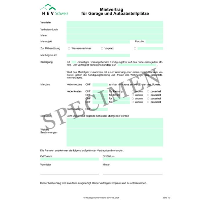 Mietvertrag für Garagen und Autoabstellplätze (Schweiz allgemein)