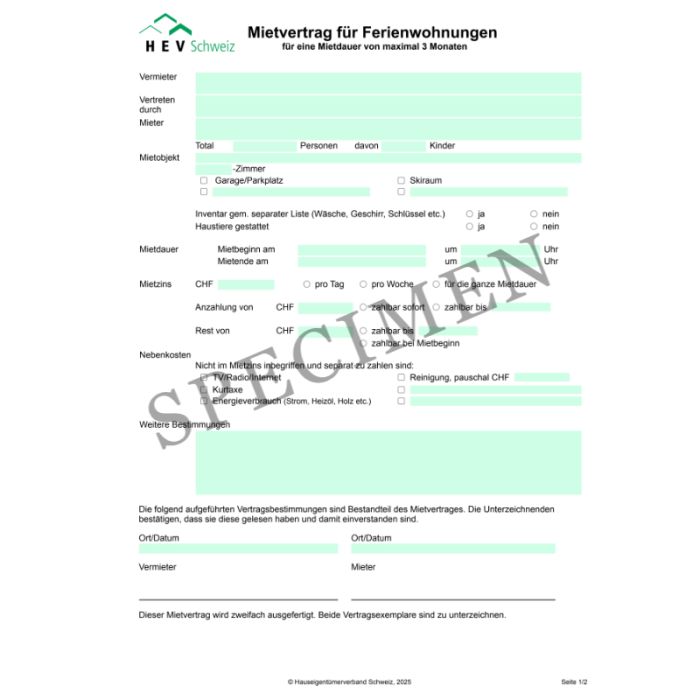 Mietvertrag für Ferienwohnungen (Schweiz allgemein)