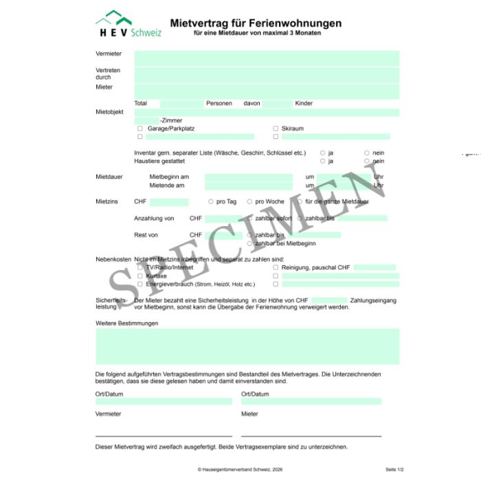 Mietvertrag für Ferienwohnungen (Schweiz allgemein)