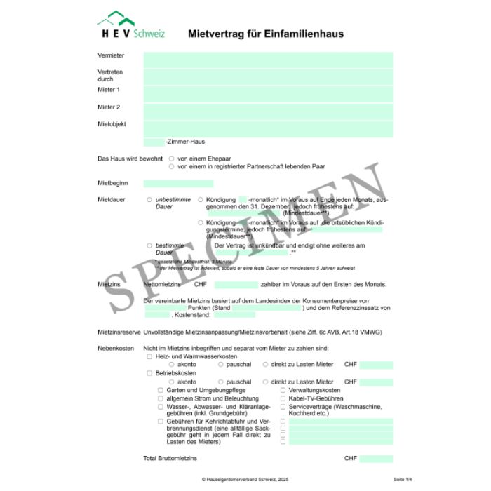Mietvertrag für Einfamilienhäuser (Schweiz allgemein)