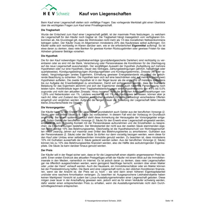 Merkblatt inkl. Checkliste «Kauf von Liegenschaften»