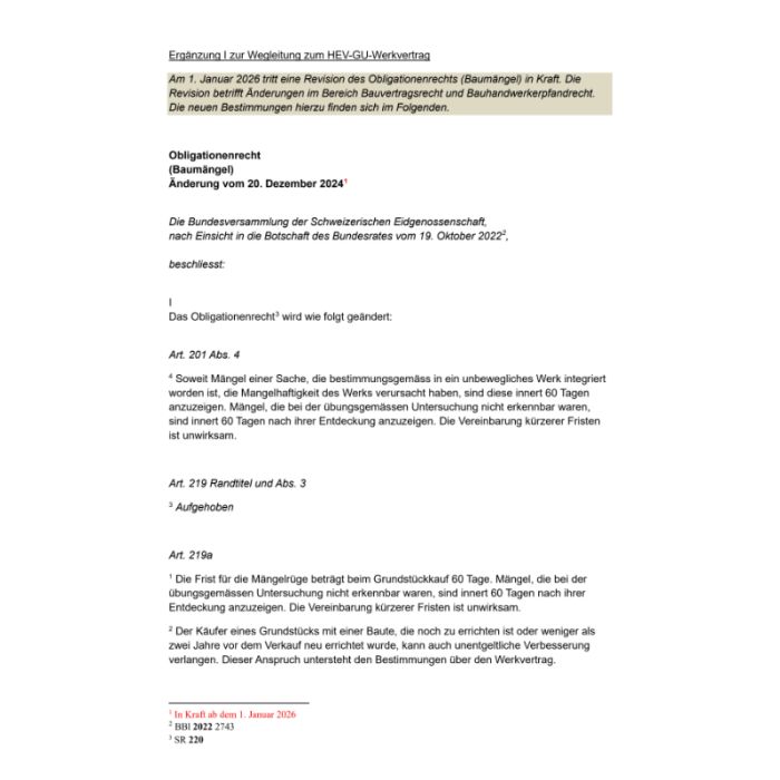 Ergänzung I zur Wegleitung zum HEV-GU-Werkvertrag