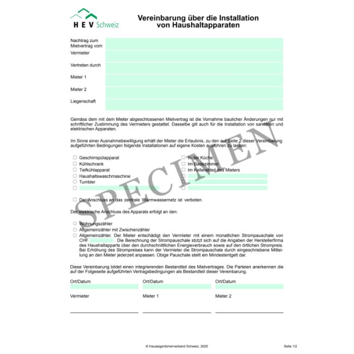 Vereinbarung über die Installation Haushaltsapparaten