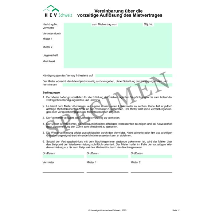 Vereinbarung über die vorzeitige Auflösung des Mietvertrages