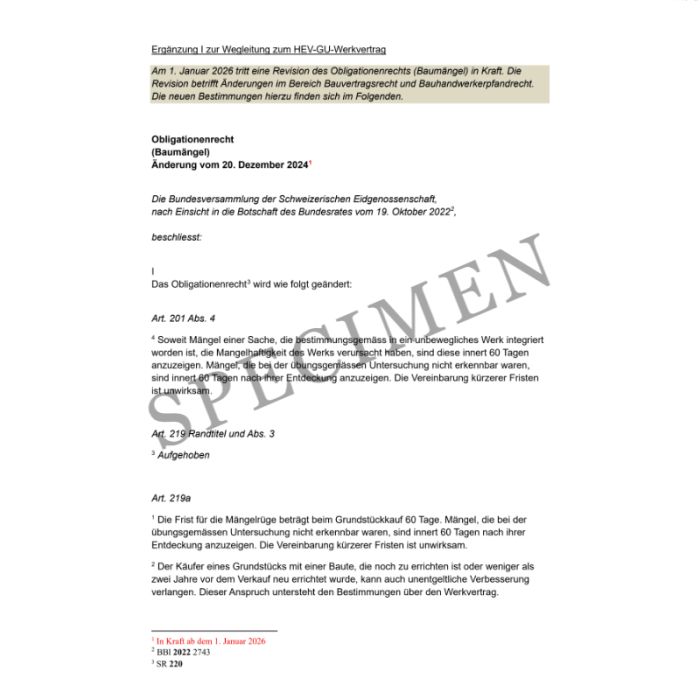 Ergänzung I zur Wegleitung zum HEV-GU-Werkvertrag