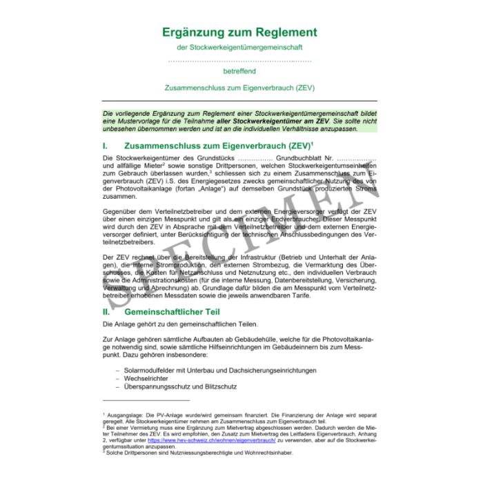 Reglementsergänzung für den Zusammenschluss zum Eigenverbrauch (ZEV) für alle Eigentümer  (basierend auf Word Datei) bearbeitbar (Download)