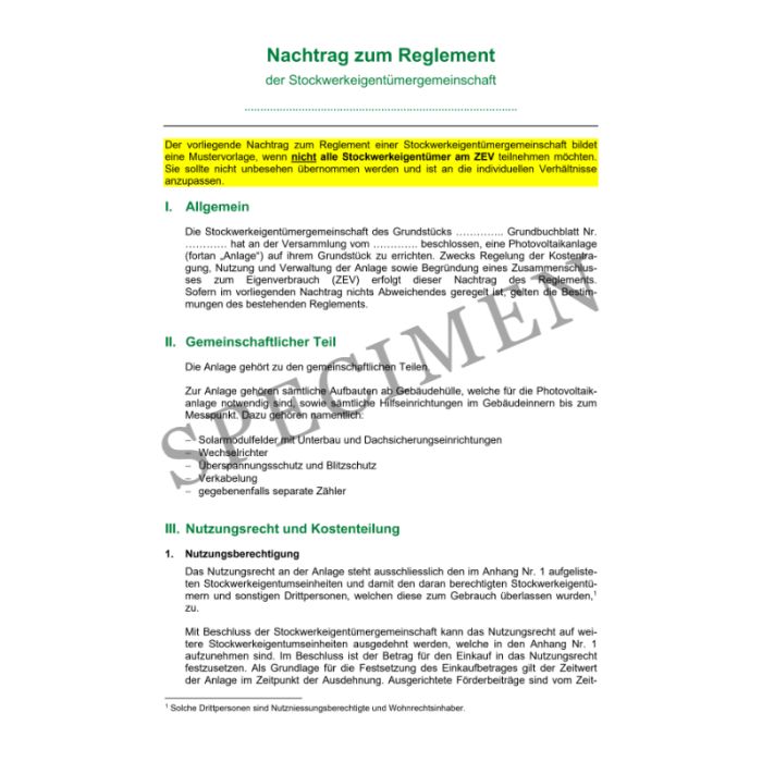 Nutzungs- und Verwaltungsregl. sowie Nachtrag zum Reglement für Zusammenschluss zum Eigenverbrauch (ZEV) für einen Teil der Eigentümer (bearbeitbarer Download)