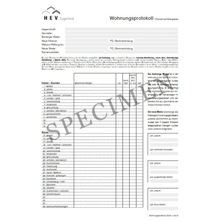 Wohnungsprotokoll Abnahme & Übergabe (Kanton Zug) online