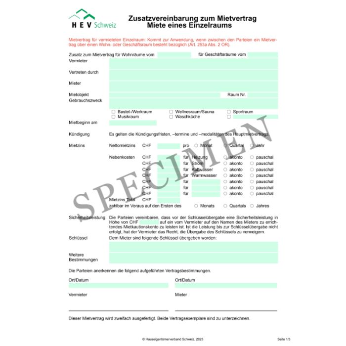 Zusatzvereinbarung zum Mietvertrag: Miete eines Einzelraumes
