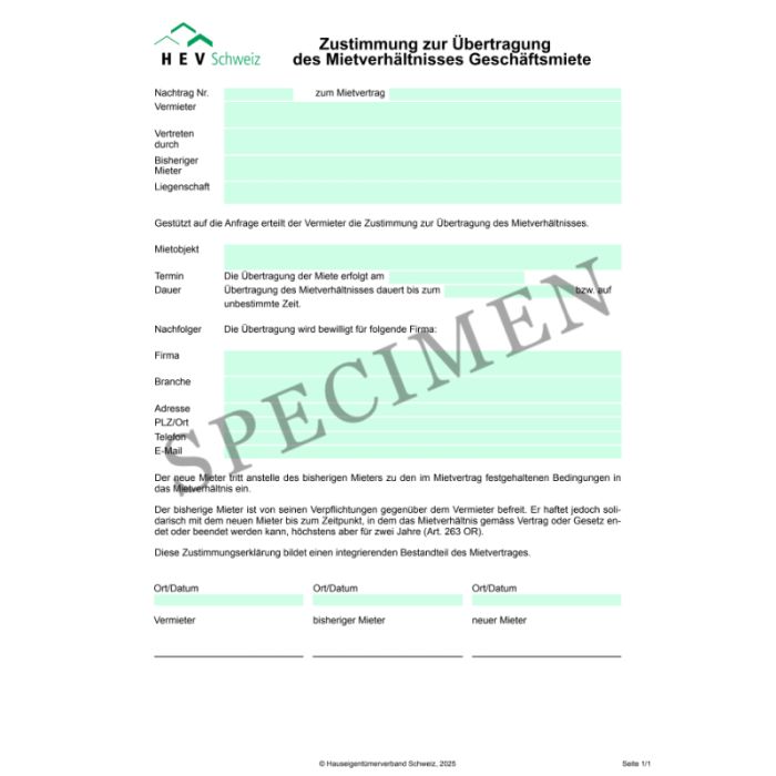 Zustimmung zur Uebertragung des Mietverhältnisses Geschäftsmiete