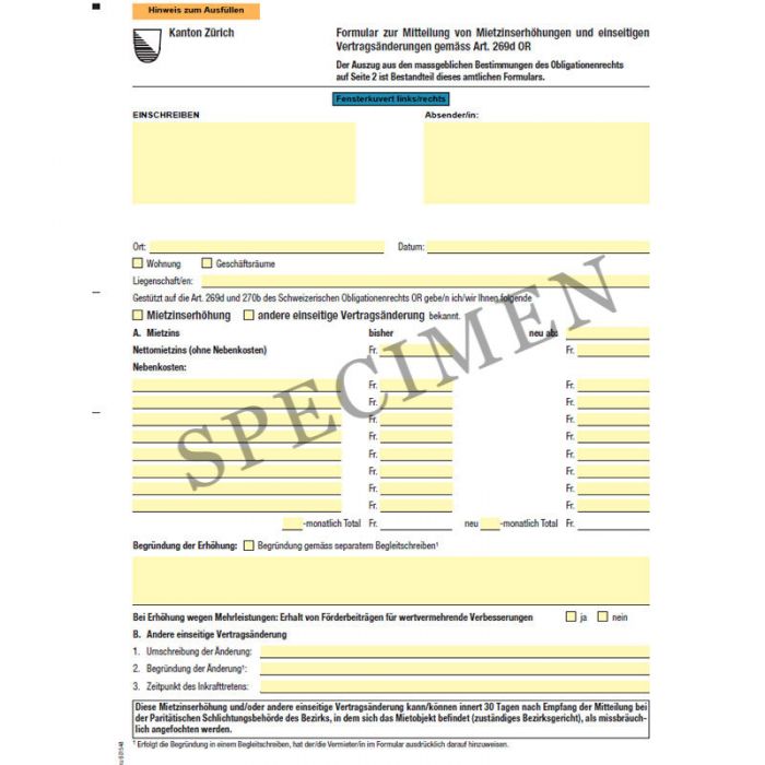 Amtliches Formular zur Mitteilung einer Mietzinsänderung und anderen ...