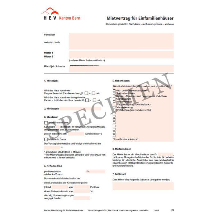 Mietvertrag für Einfamilienhäuser (Kanton Bern) online