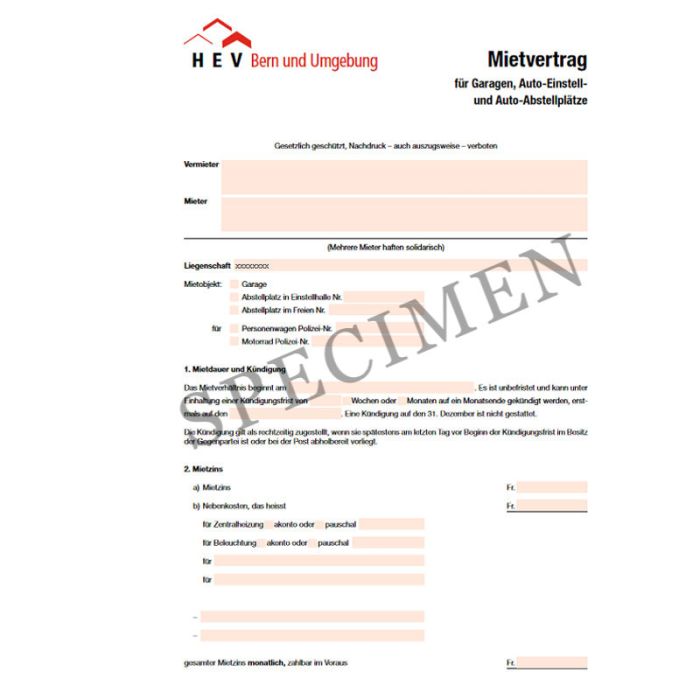 Mietvertrag für Garagen (Kanton Bern) online