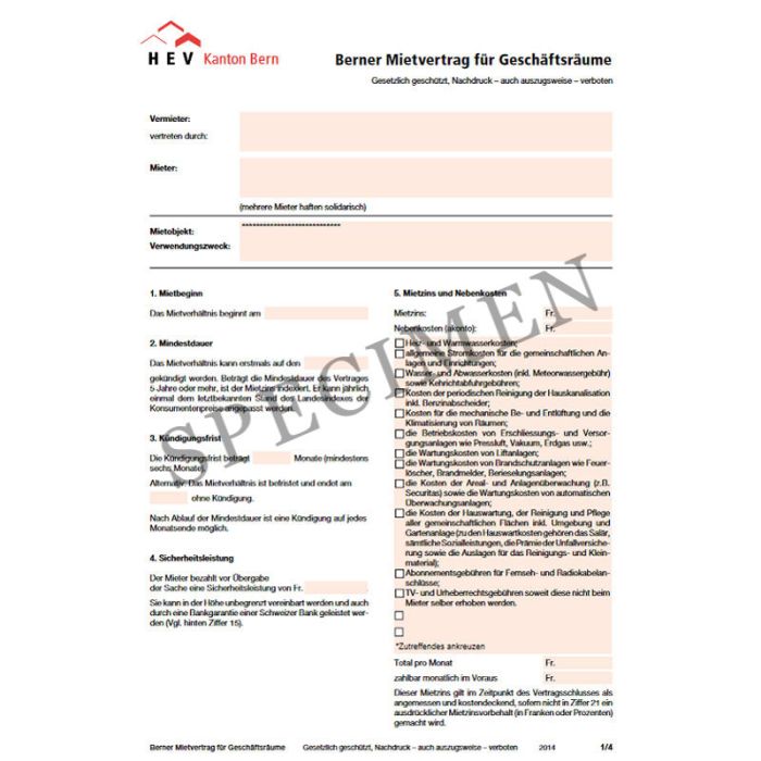 Mietvertrag für Geschäftsräume (Kanton Bern) online