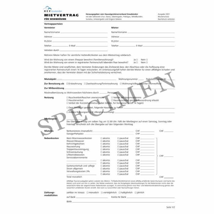 Mietvertrag für Wohnräume (Kanton Graubünden) online