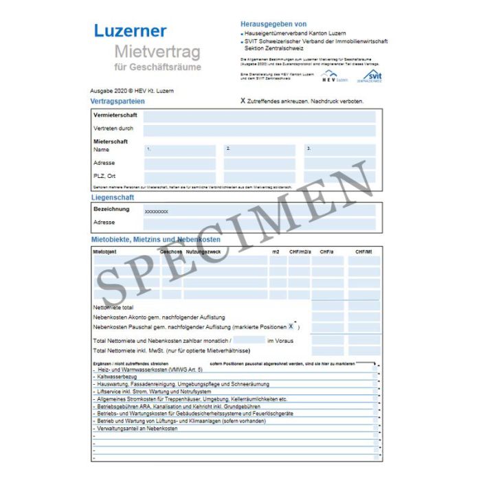 Mietvertrag für Geschäftsräume inkl. Allgemeine Vertragsbedingungen (Kanton Luzern) online