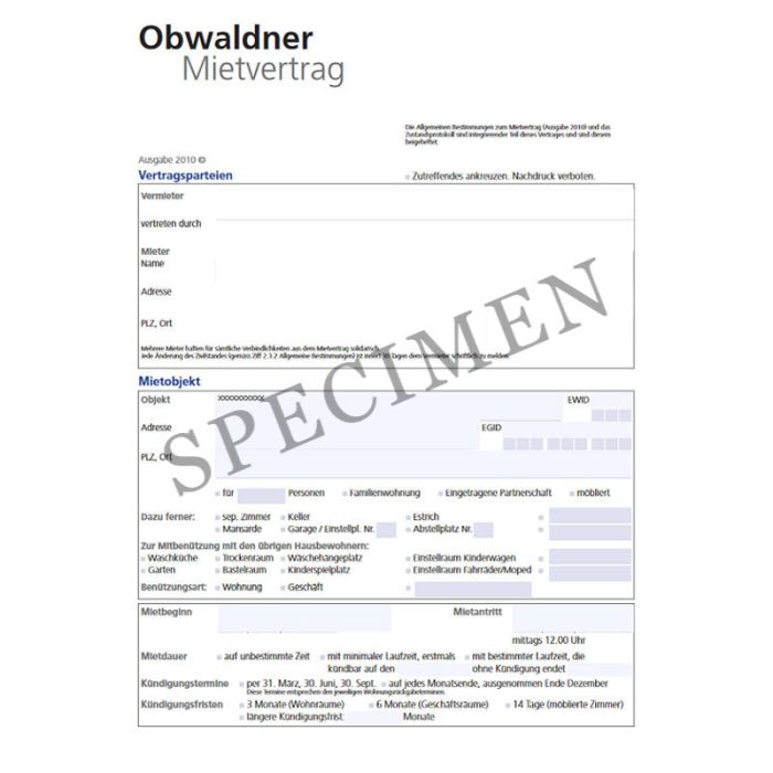 Mietvertrag für Wohn- und Geschäftsräume (Kanton Obwalden) online