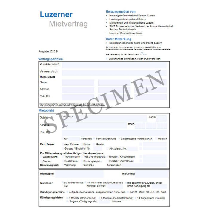 Mietvertrag Wohnräume inkl. Allgemeine Vertragsbedingungen und Checkliste (Kanton Luzern) online