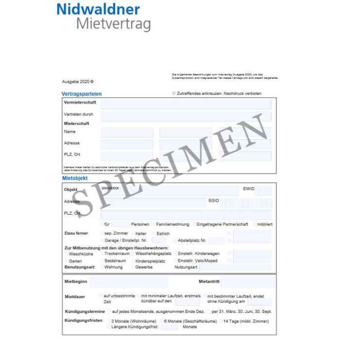 Mietvertrag für Wohnräume (Kanton Nidwalden) online