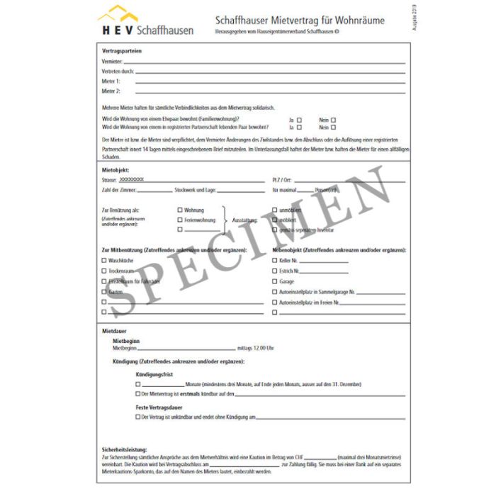 Mietvertrag für Wohnräume (Kanton Schaffhausen) online