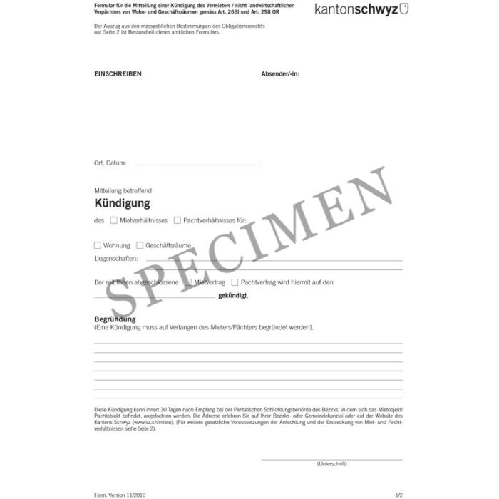 Amtliches Formular für die Kündigung von Wohn- und Geschäftsräumen durch die Vermieterschaft (Kanton Schwyz)