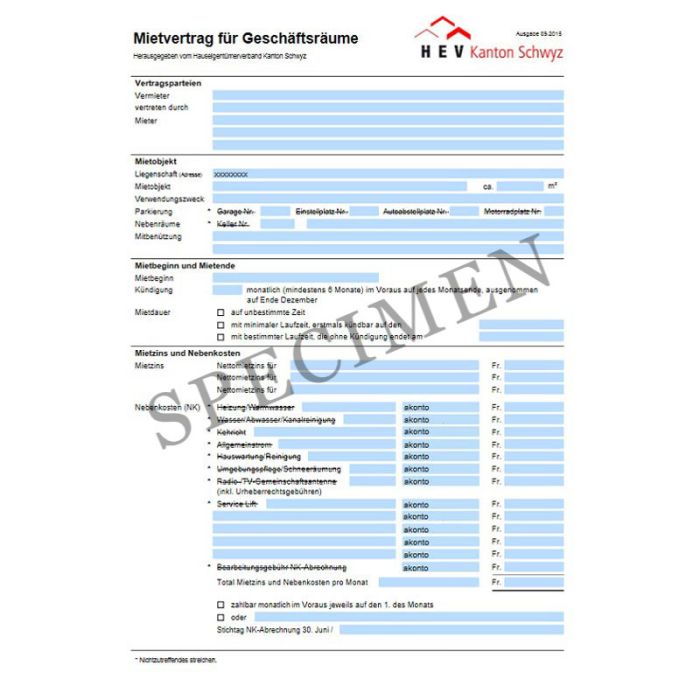 Mietvertrag für Geschäftsräume (Kanton Schwyz) online