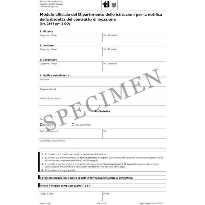 Amtliches Formular für die Kündigung von Mietwohnungen und Geschäften (Kanton Tessin)