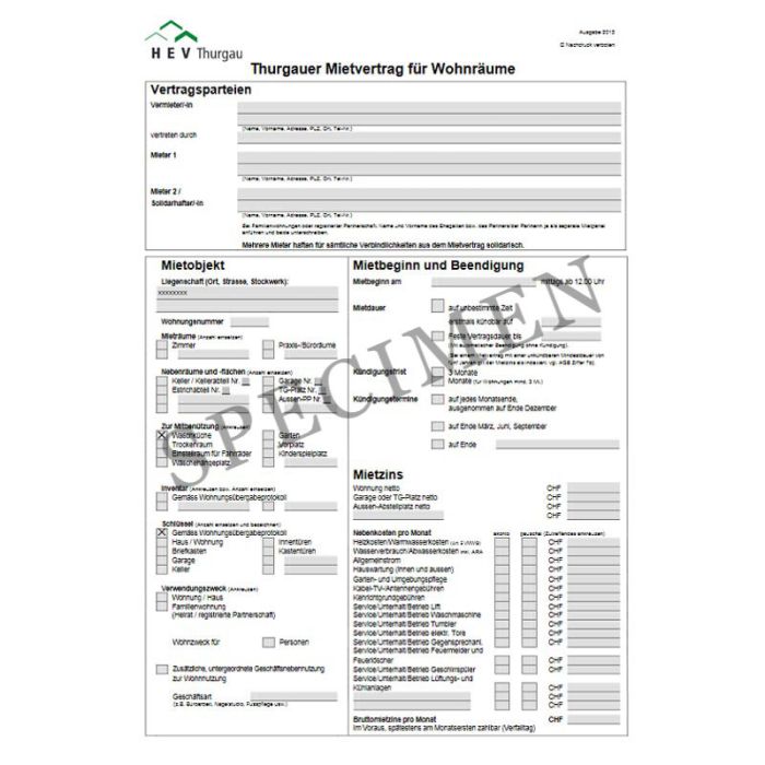 Mietvertrag für Wohnräume (Kanton Thurgau) online