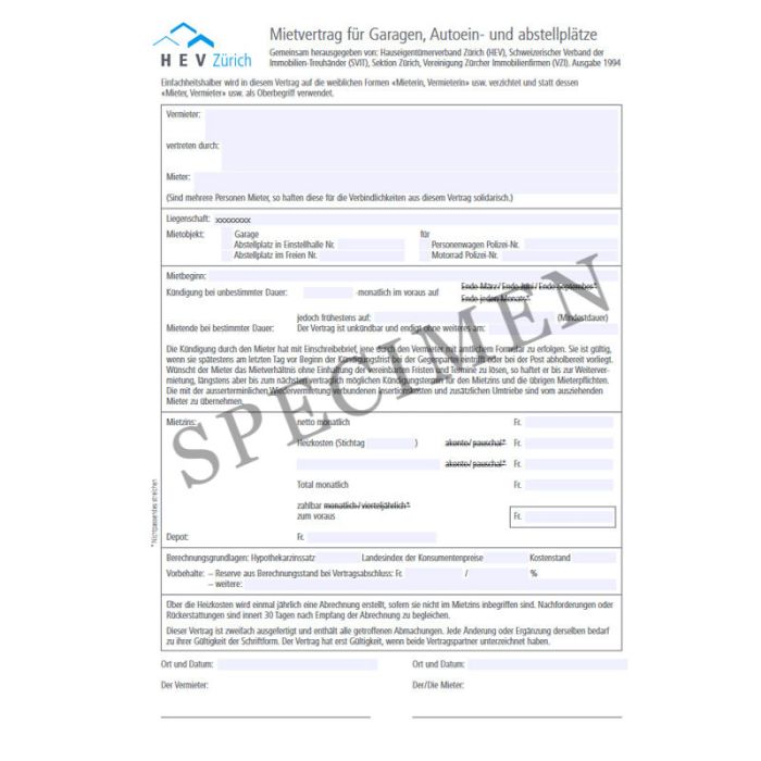 Mietvertrag für Garagen, Autoeinstell- und Abstellplätze (Kanton Zürich) online