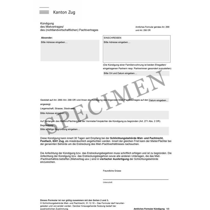 Amtliches Formular für die Kündigung des Mietvertrages des (nicht landwirtschaftlichen) Pachtvertrages (Kanton Zug)
