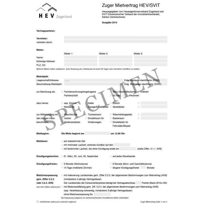 Mietvertrag inkl. Allg. Bed., Sicherstellung und Protokoll (Kanton Zug) online