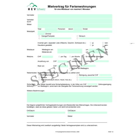 Mietvertrag für Ferienwohnungen (Schweiz allgemein)