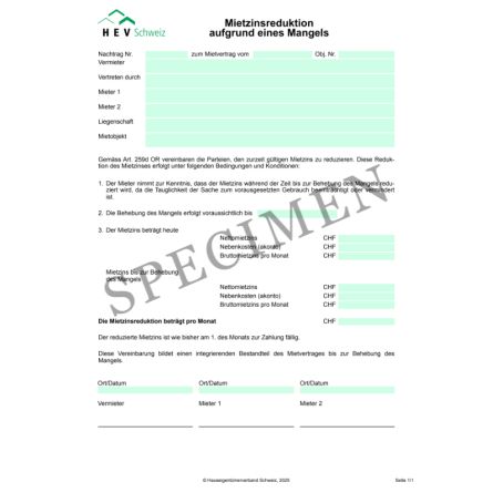 Mietzinsreduktion aufgrund eines Mangels