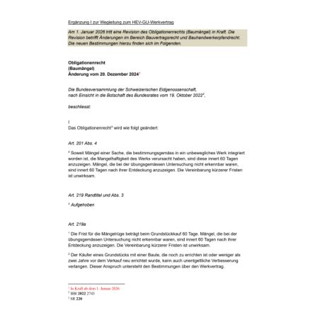 Ergänzung I zur Wegleitung zum HEV-GU-Werkvertrag